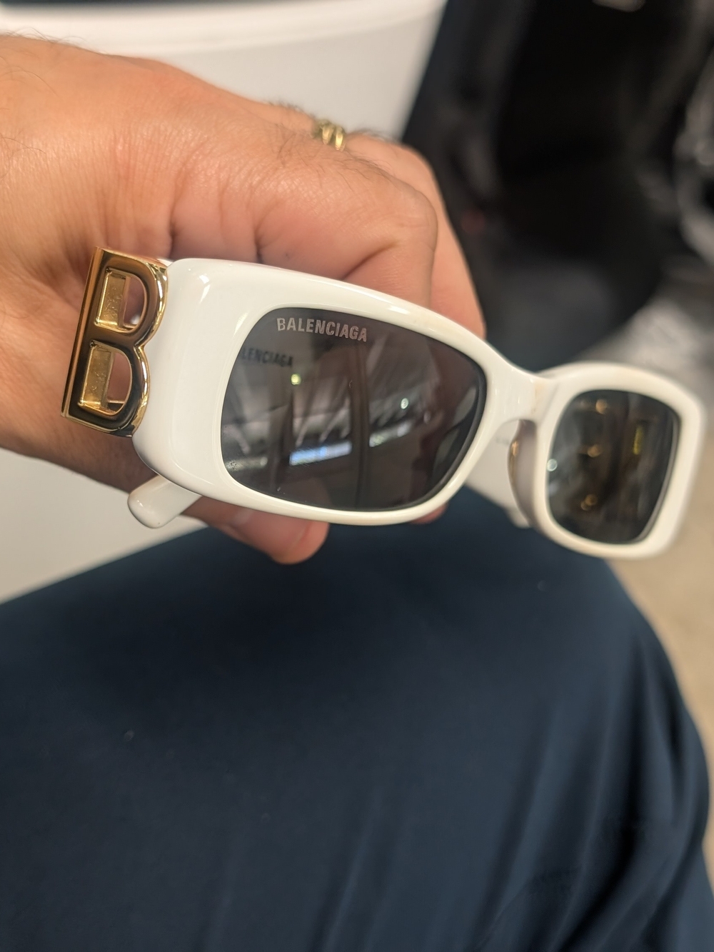 Balenciaga White Frame Sunglasses with Gold 'B' Accent